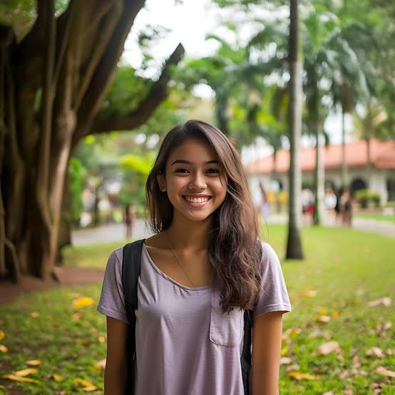Smiling young woman with long dark hair wearing a light purple t-shirt and backpack standing outside with trees and green grass in the background.