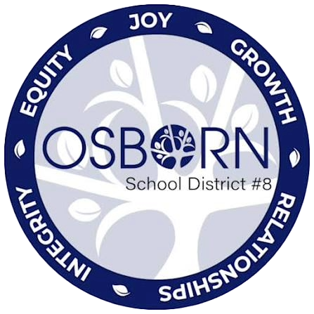 Circular logo of Osborn School District #8 with a stylized tree in the background; the words Equity, Joy, Growth, Relationships, and Integrity encircle the border.