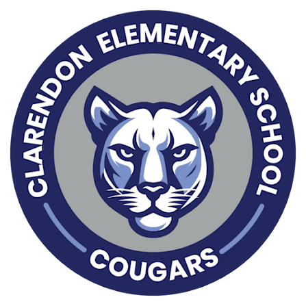 Clarendon Elementary School Cougars circular emblem with a stylized cougar head in the center on a gray background and navy blue border.