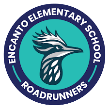 Logo of Encanto Elementary School features a stylized roadrunner bird head in teal and white inside a circular navy blue border with the text Encanto Elementary School Roadrunners.