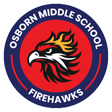 Osborn Middle School Firehawks logo featuring a fierce firehawk head with flames on a red circular background, encircled by a navy blue border with the school name and mascot text.
