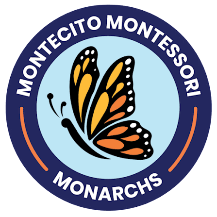 Circular logo with navy blue border containing the white text 'Montecito Montessori Monarchs' and an orange and black monarch butterfly on a light blue background in the center.