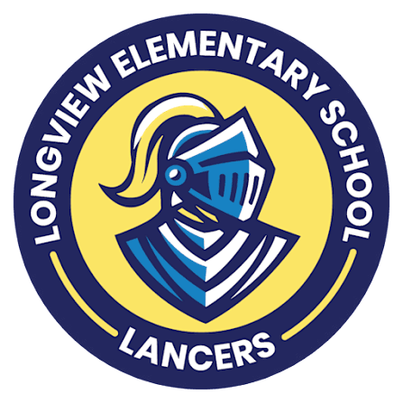 Logo of Longview Elementary School featuring a stylized blue and white knight helmet with a plume, encircled by a blue ring with the school name on top and 'Lancers' at the bottom.