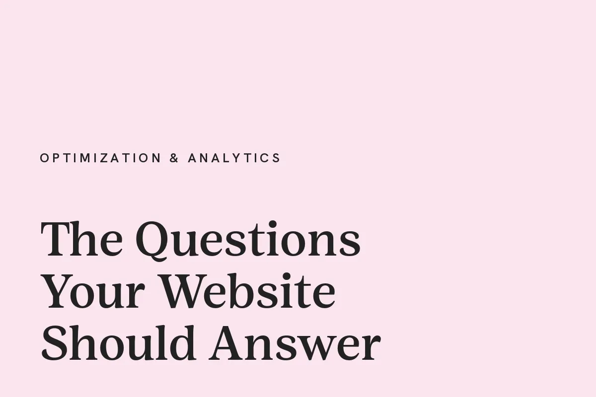 Card reading "The Questions Your Website Should Answer" in near-black on a blush pink ground.