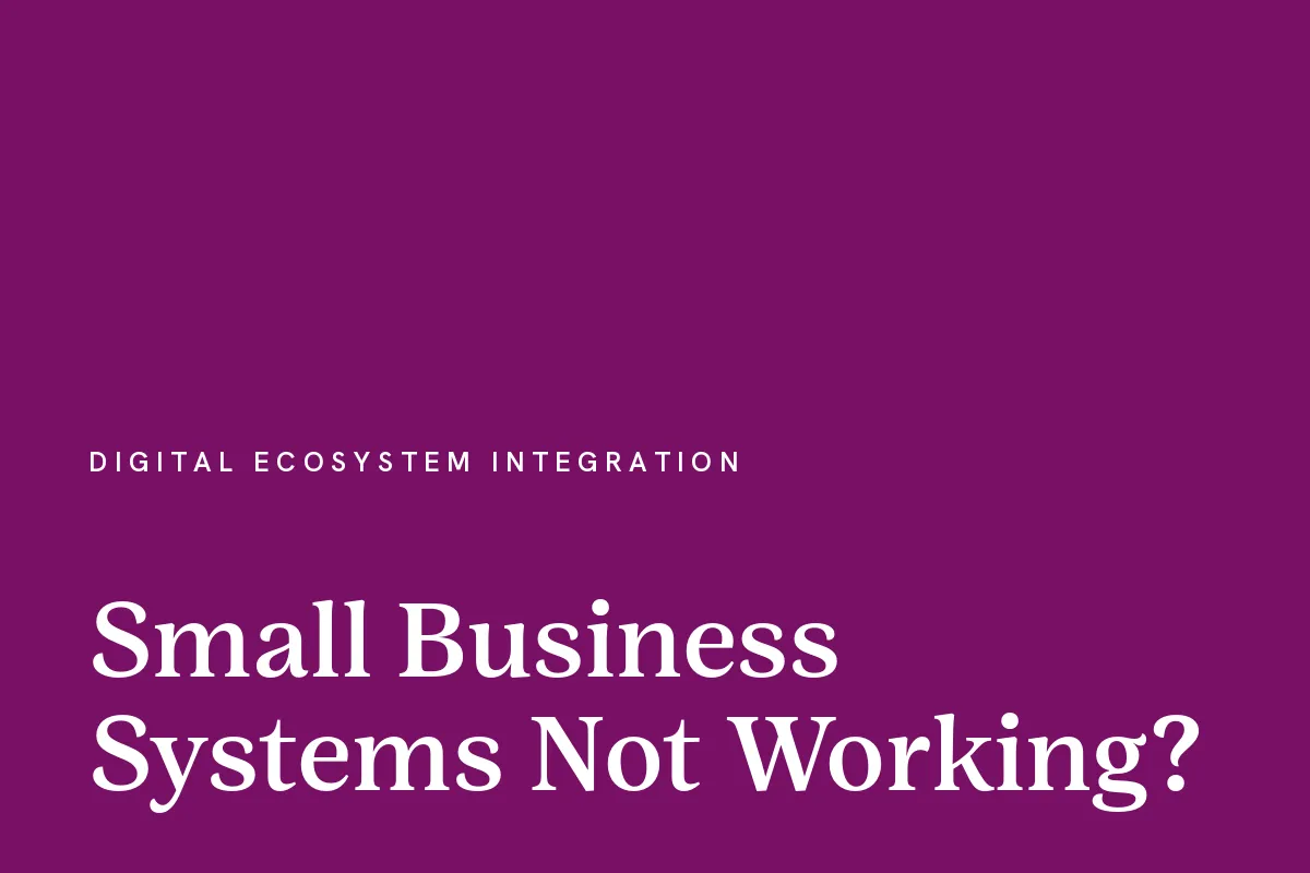 Card reading "Small Business Systems Not Working?" in white on a plum ground.