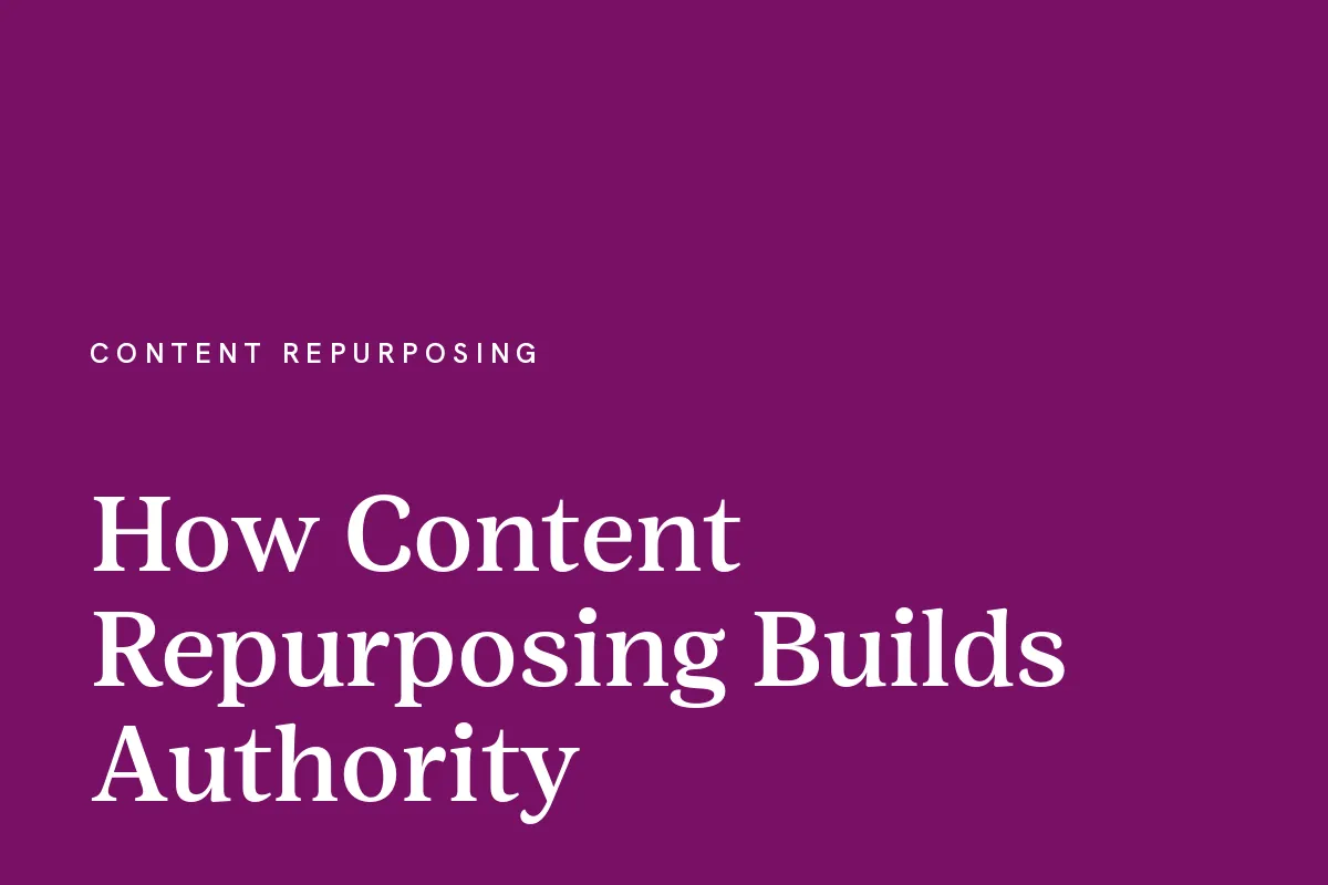 Card reading "How Content Repurposing Builds Authority" in white on a plum ground.