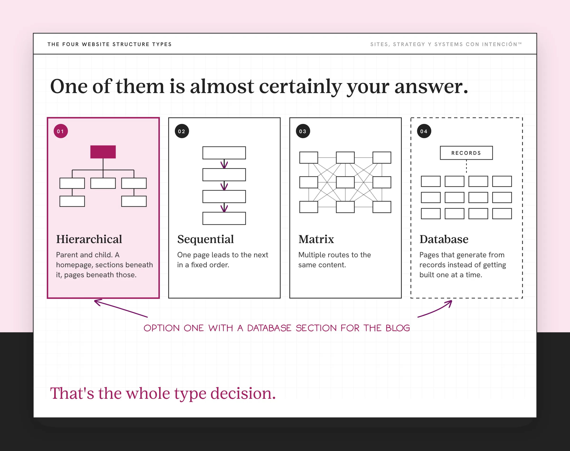 Plan a website structure: four small page maps showing hierarchical, sequential, matrix and database structures. Four cards run left to right. 01 Hierarchical is highlighted in pink: parent and child, a homepage with sections and pages beneath. 02 Sequential: one page leads to the next in a fixed order. 03 Matrix: multiple routes to the same content. 04 Database has a dashed border and a Records box: pages that generate from records. Handwritten note: option one with a database section for the blog. Takeaway: That's the whole type decision.