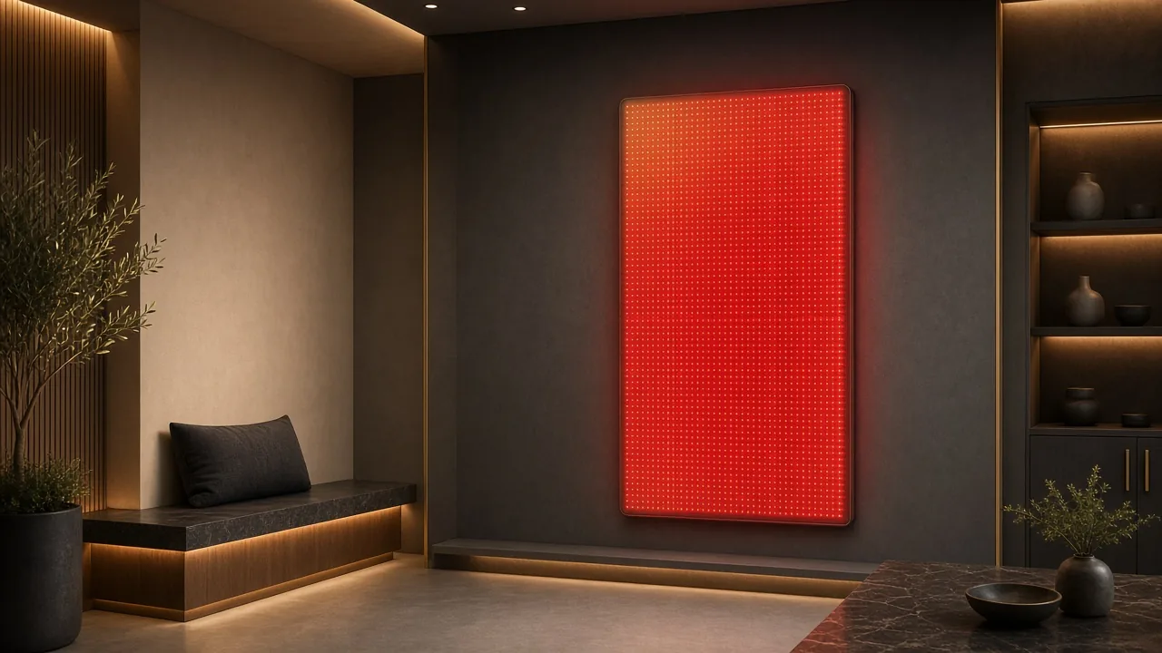 Empty modern wellness room with a glowing red light therapy panel