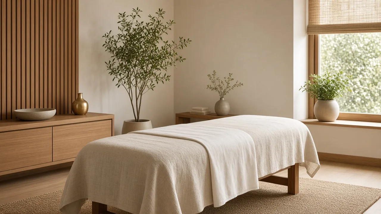 Empty serene integrative treatment room with linen-covered table