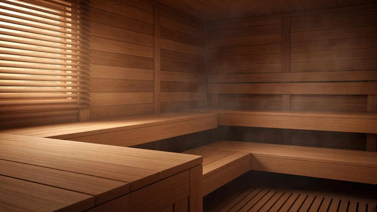 Empty wood sauna interior with warm light and soft steam