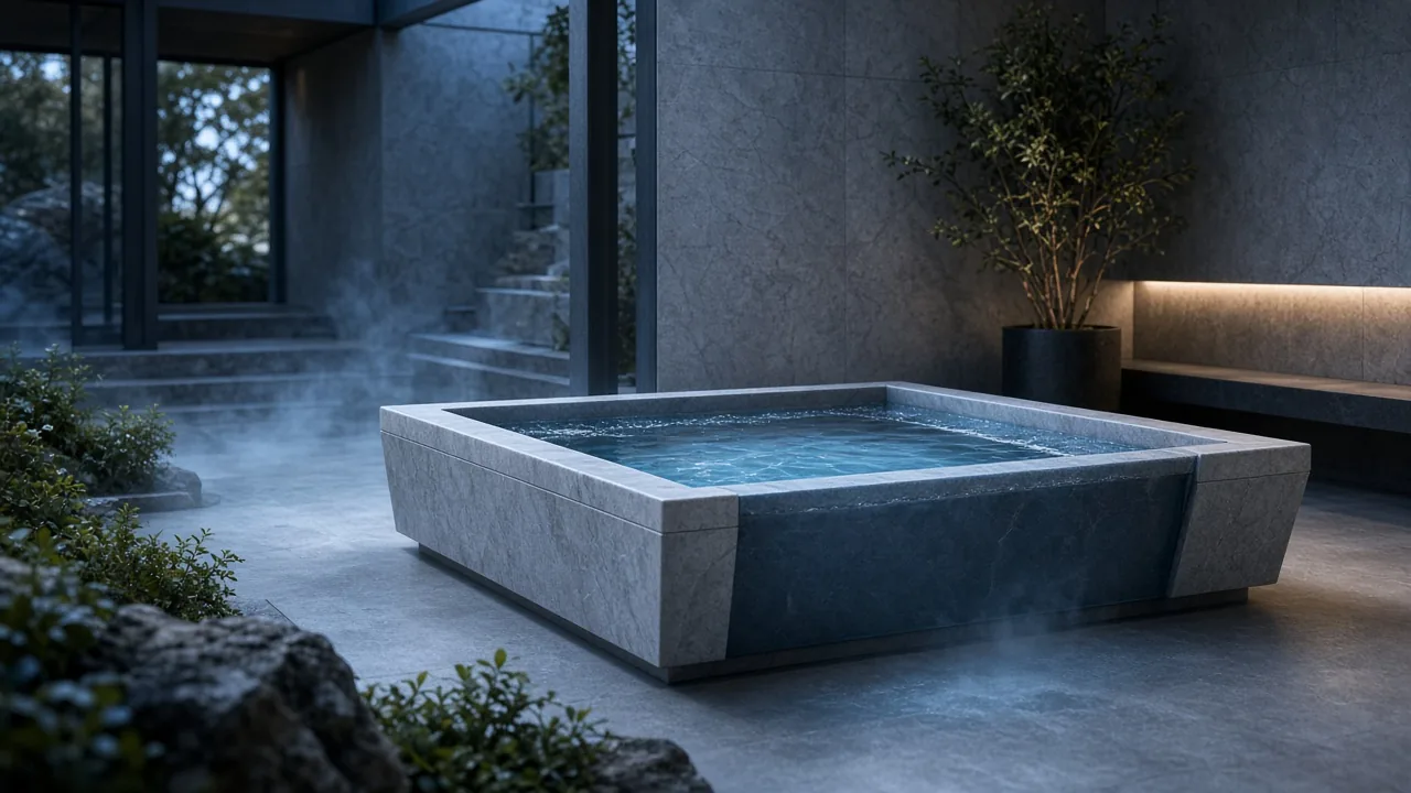 Empty modern cold plunge tub with clear water in a minimal spa setting