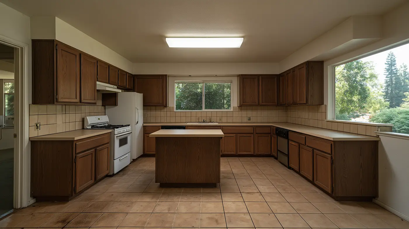 A kitchen featuring dark wood cabinetry, tile flooring, a white refrigerator, and a white oven range.