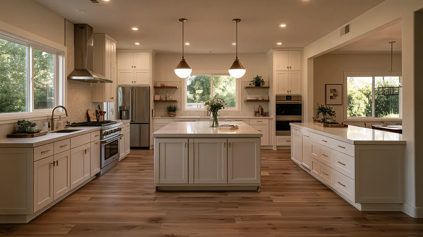 A modern white kitchen featuring a large central island, pendant lighting, and stainless steel appliances.