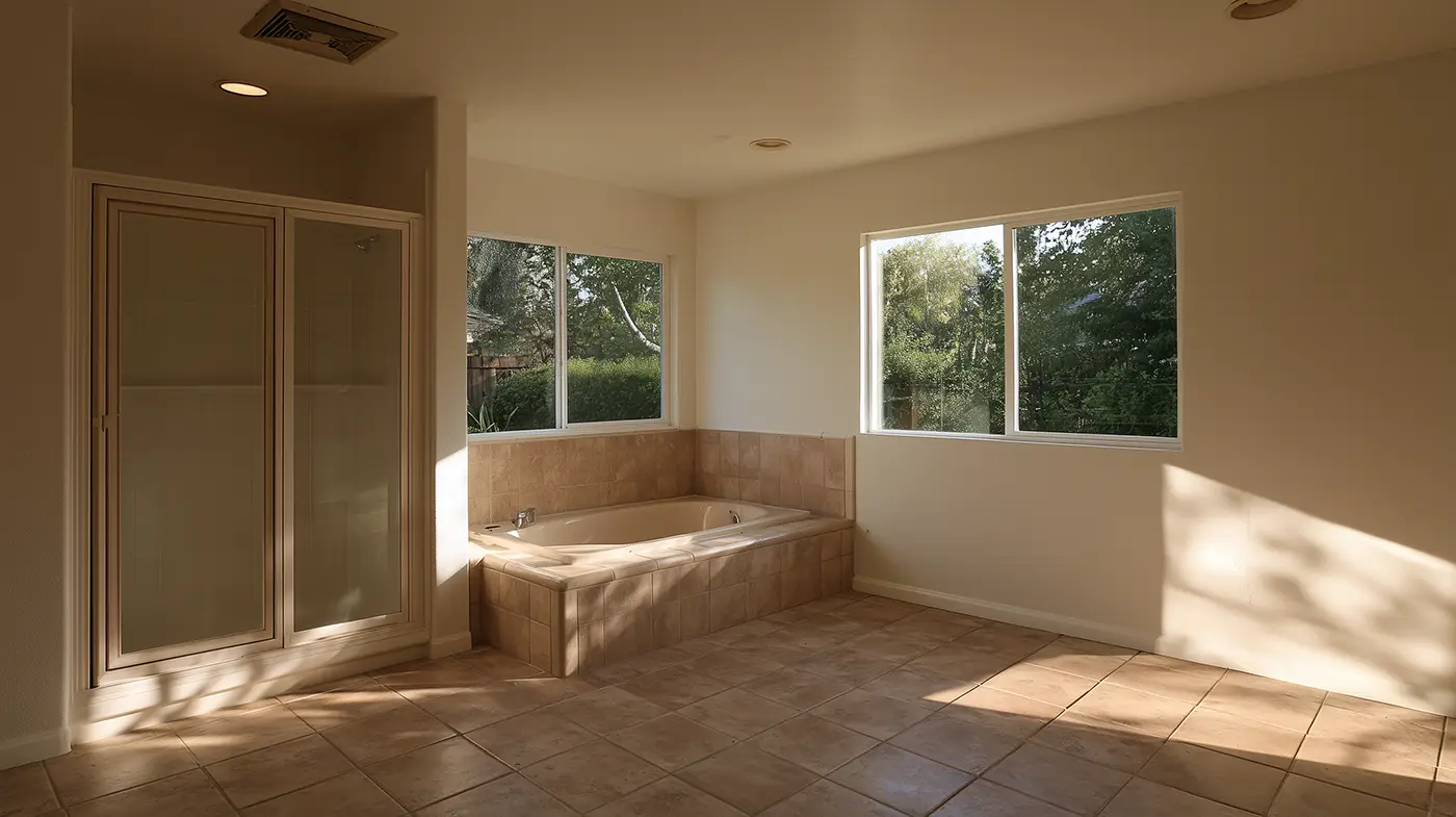 A bathroom with a tiled bathtub, a glass-enclosed shower, and large windows overlooking trees.