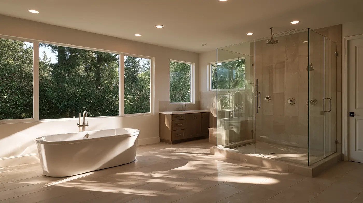A clean, modern bathroom with a freestanding tub, glass-enclosed shower, and large windows overlooking trees.