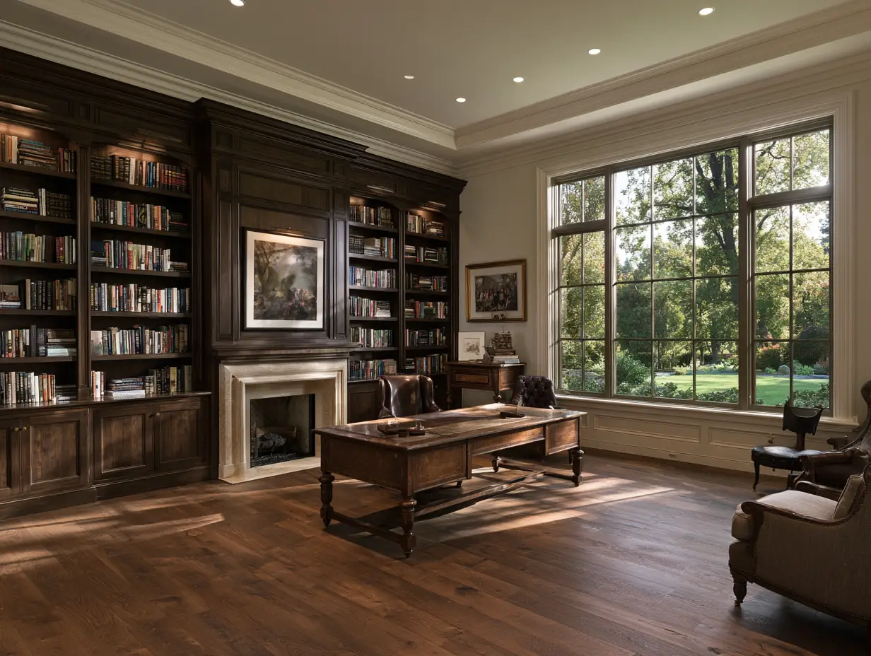 A spacious study featuring dark wood built-in bookshelves, a large executive desk, a fireplace, and large windows with a view of greenery.