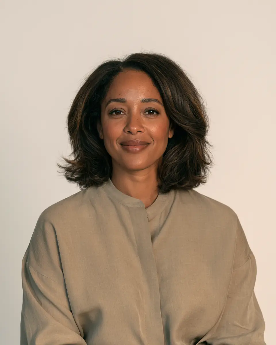 A headshot of a woman with shoulder-length dark brown hair, wearing a tan-colored top against a light background.