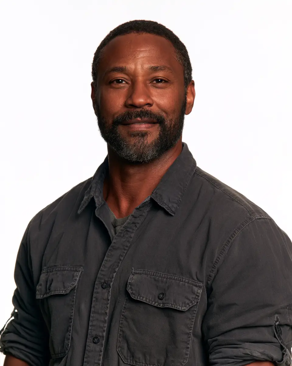 A headshot of a middle-aged man with a graying beard and short dark hair, wearing a dark gray utility shirt against a white background.