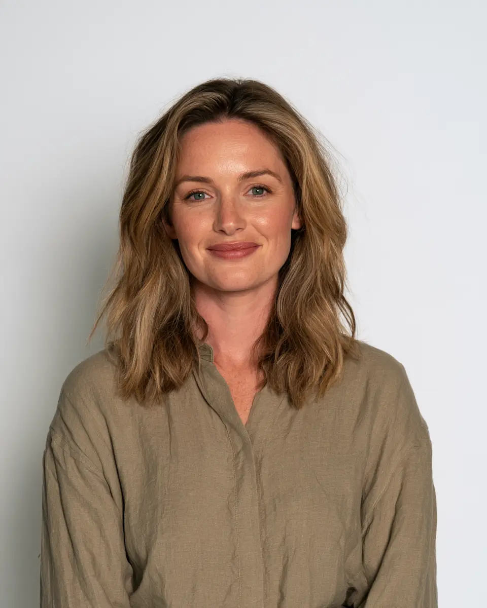 A headshot of a woman with blonde hair, wearing a green-olive top against a neutral background.