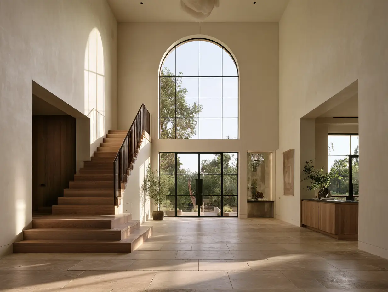 A sunlit modern foyer featuring a large arched window, a wooden staircase with a dark metal railing, and tiled stone flooring.