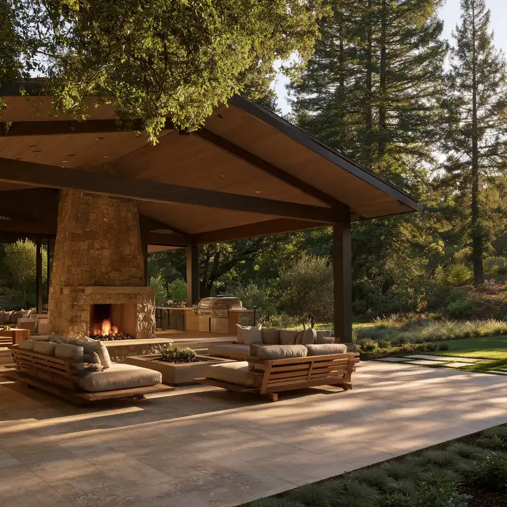 An outdoor patio featuring a stone fireplace, modern wooden lounge seating with cushions, a covered pavilion structure, and a view of a lush lawn and trees in the background.
