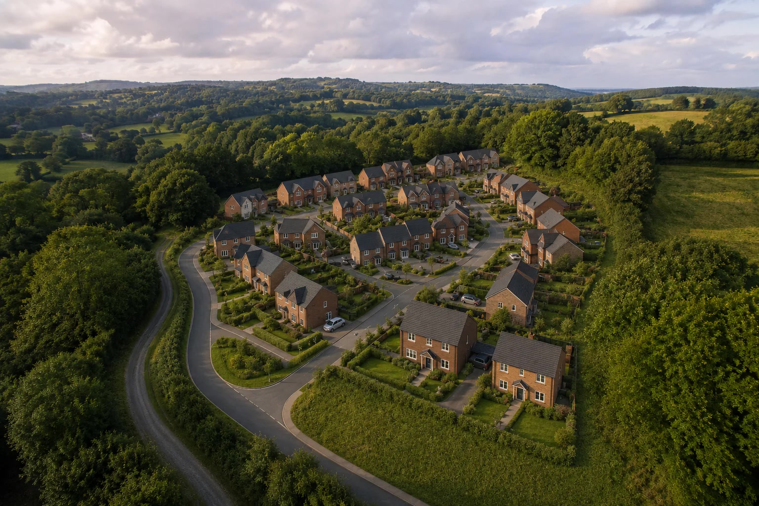 The same site transformed into a completed British housing development
