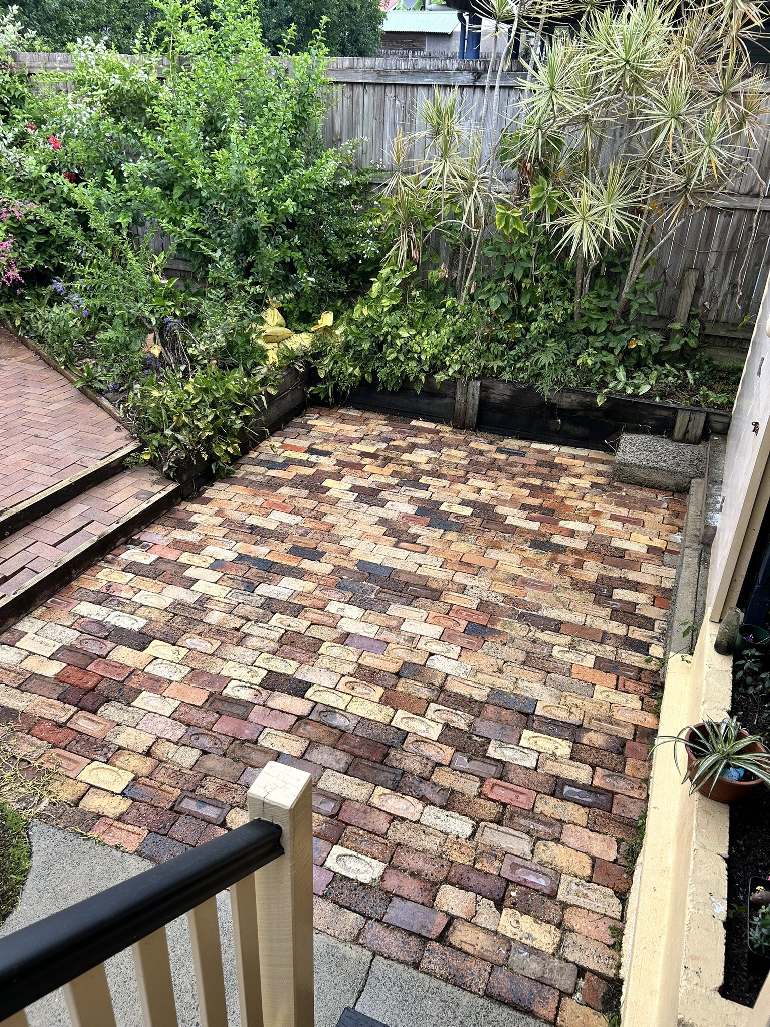 The same pavers after cleaning, with most but not all weed growth removed