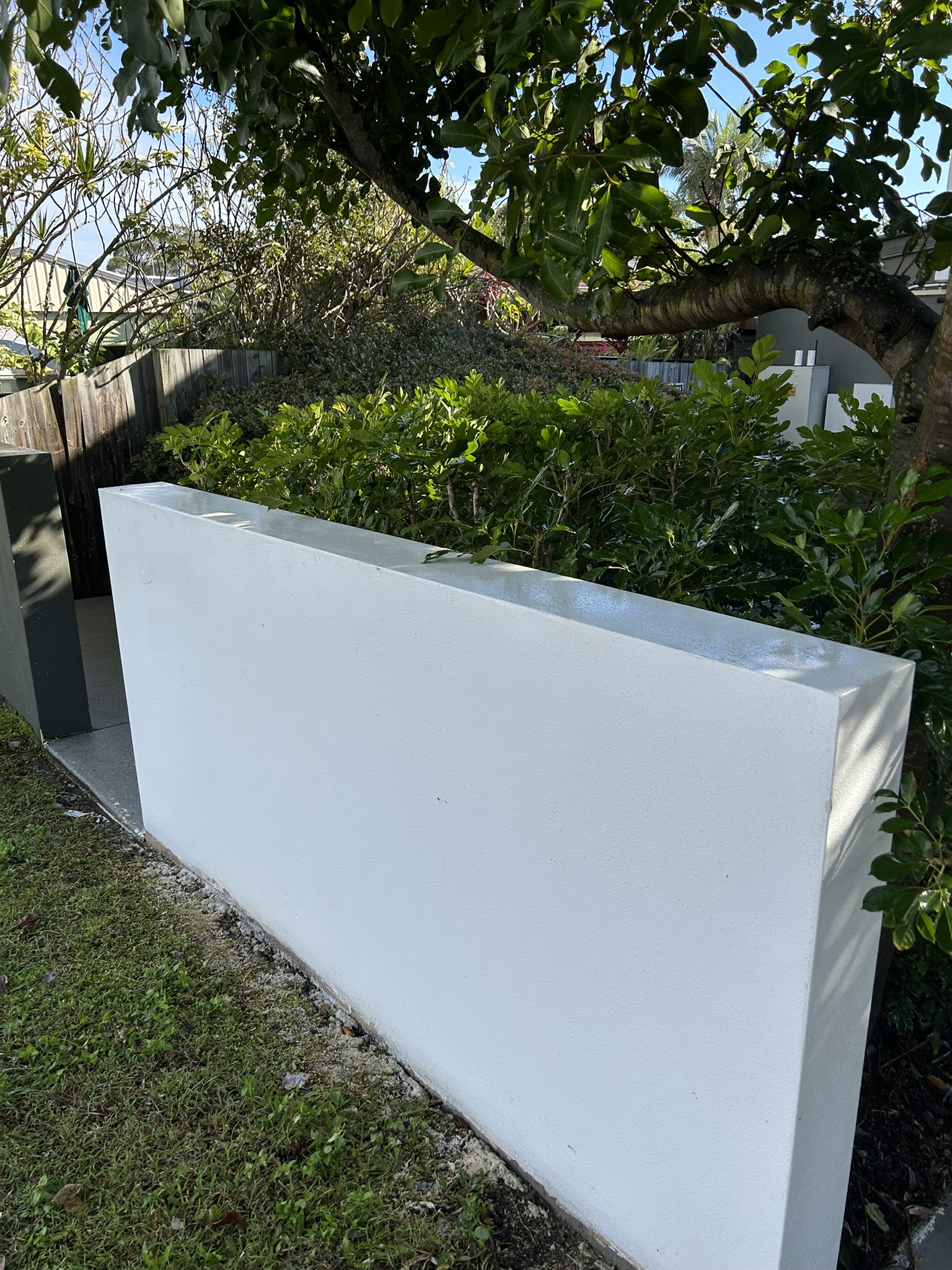 The same rendered fence after soft washing, paint intact