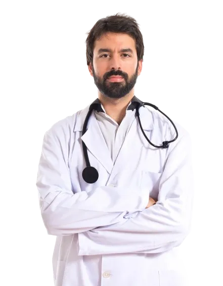 Male doctor with beard and mustache wearing a white coat and stethoscope around his neck, standing with arms crossed.