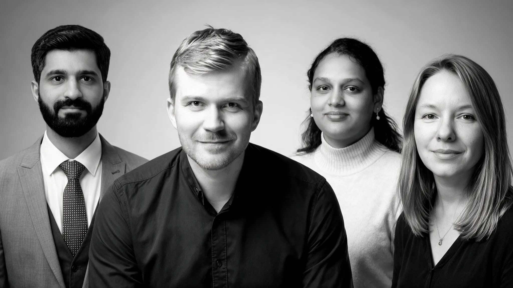 Black and white photo of four diverse professionals standing closely in a row, facing forward with neutral expressions.