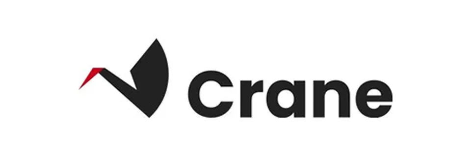 Stylized crane bird logo with a black body and a red beak next to the word 'crane' in bold black lowercase letters.