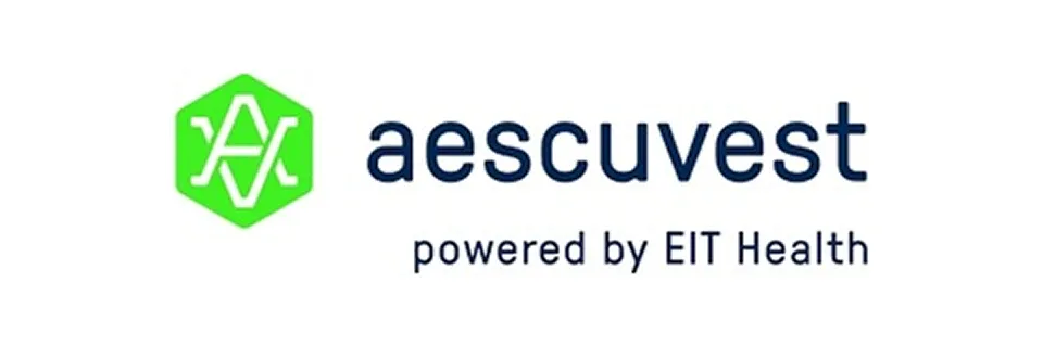 Aescuvest logo with stylized 'A' in a green hexagon, next to the text 'aescuvest' and 'powered by EIT Health' below it.