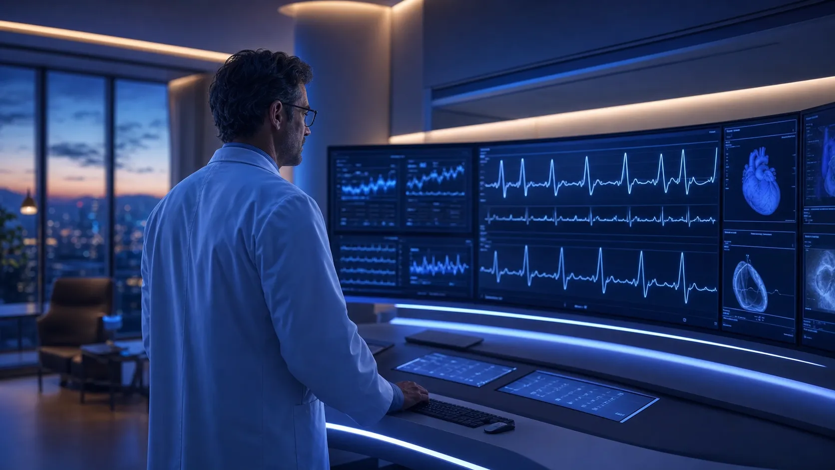 A doctor in a white lab coat monitors multiple large screens displaying heart rate graphs and detailed heart images in a modern medical office during sunset.