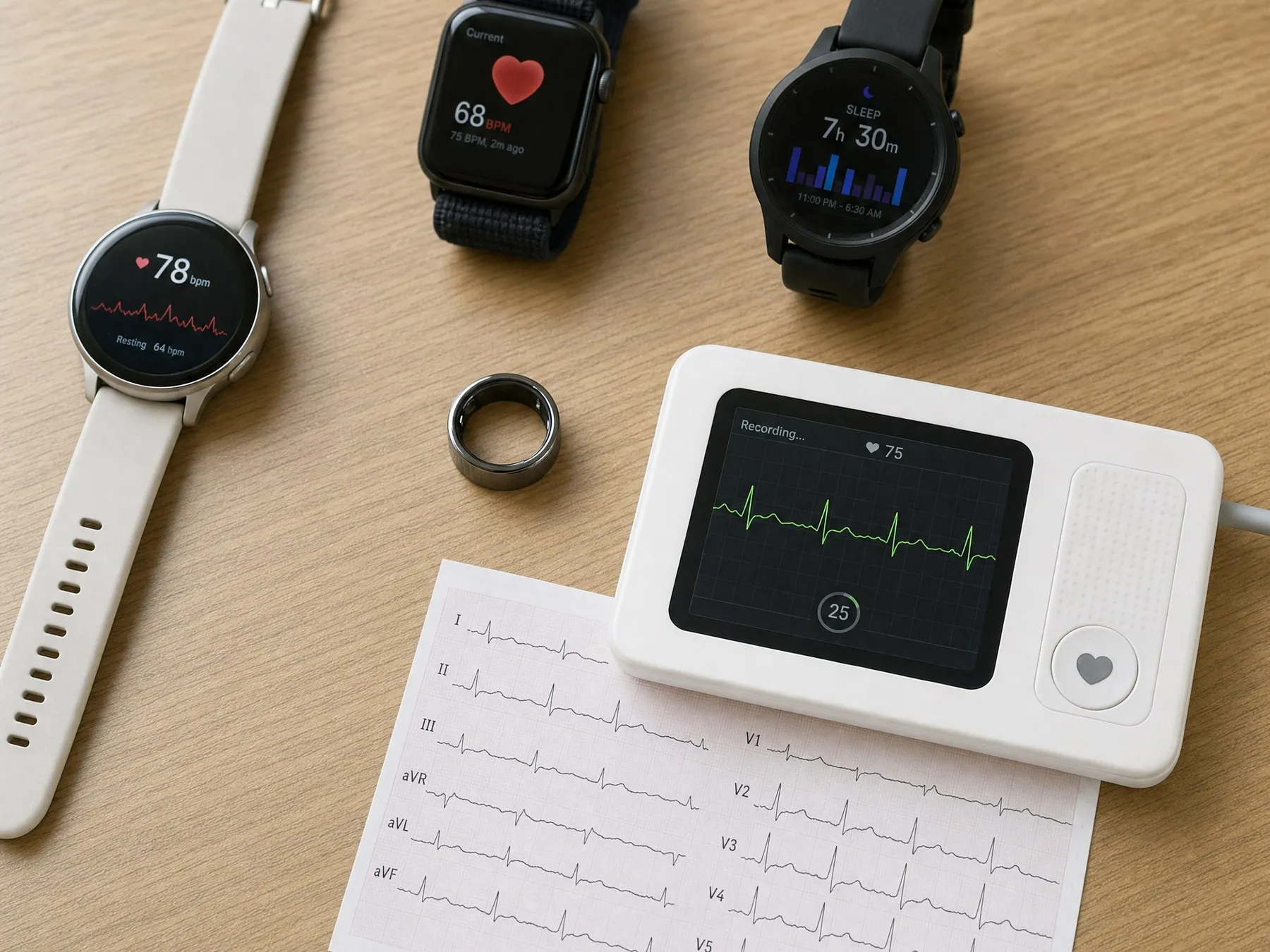 A collection of wearable health devices on a wooden surface including three smartwatches displaying heart rate and sleep data, a smart ring, and a white portable ECG monitor showing a heart rate graph and an ECG printout.