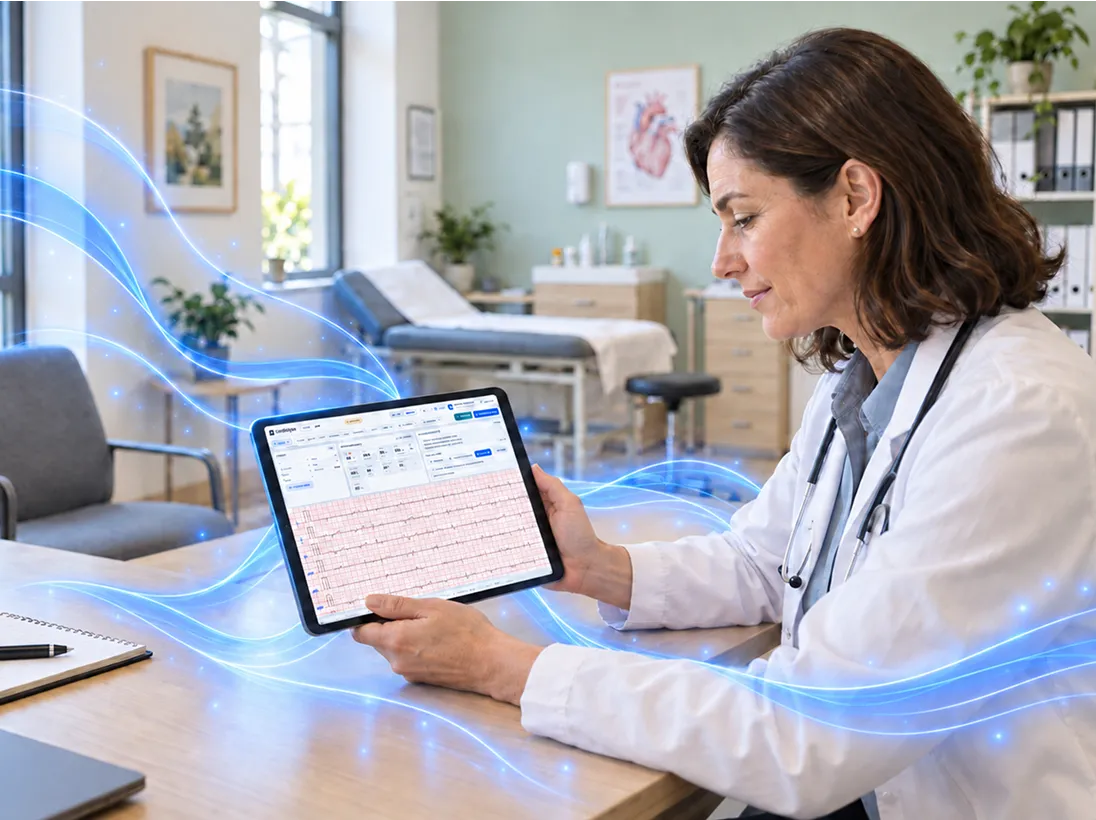 A female doctor in a white coat with a stethoscope examines an ECG reading displayed on a tablet in a clinical office with medical equipment and furniture.