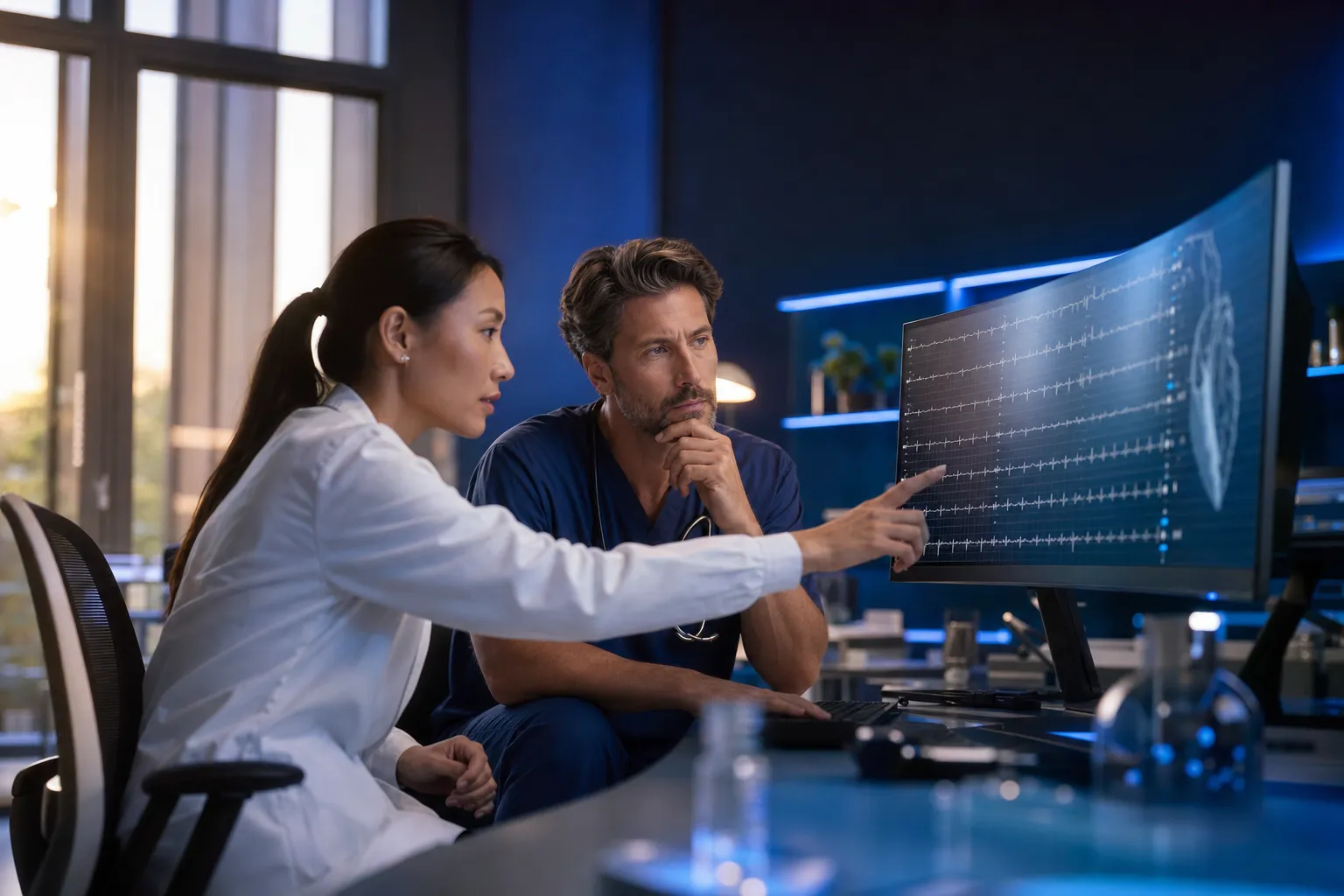 Two medical professionals, a woman in a white coat and a man in scrubs, study heart monitor data displayed on a curved computer screen in a dimly lit office.