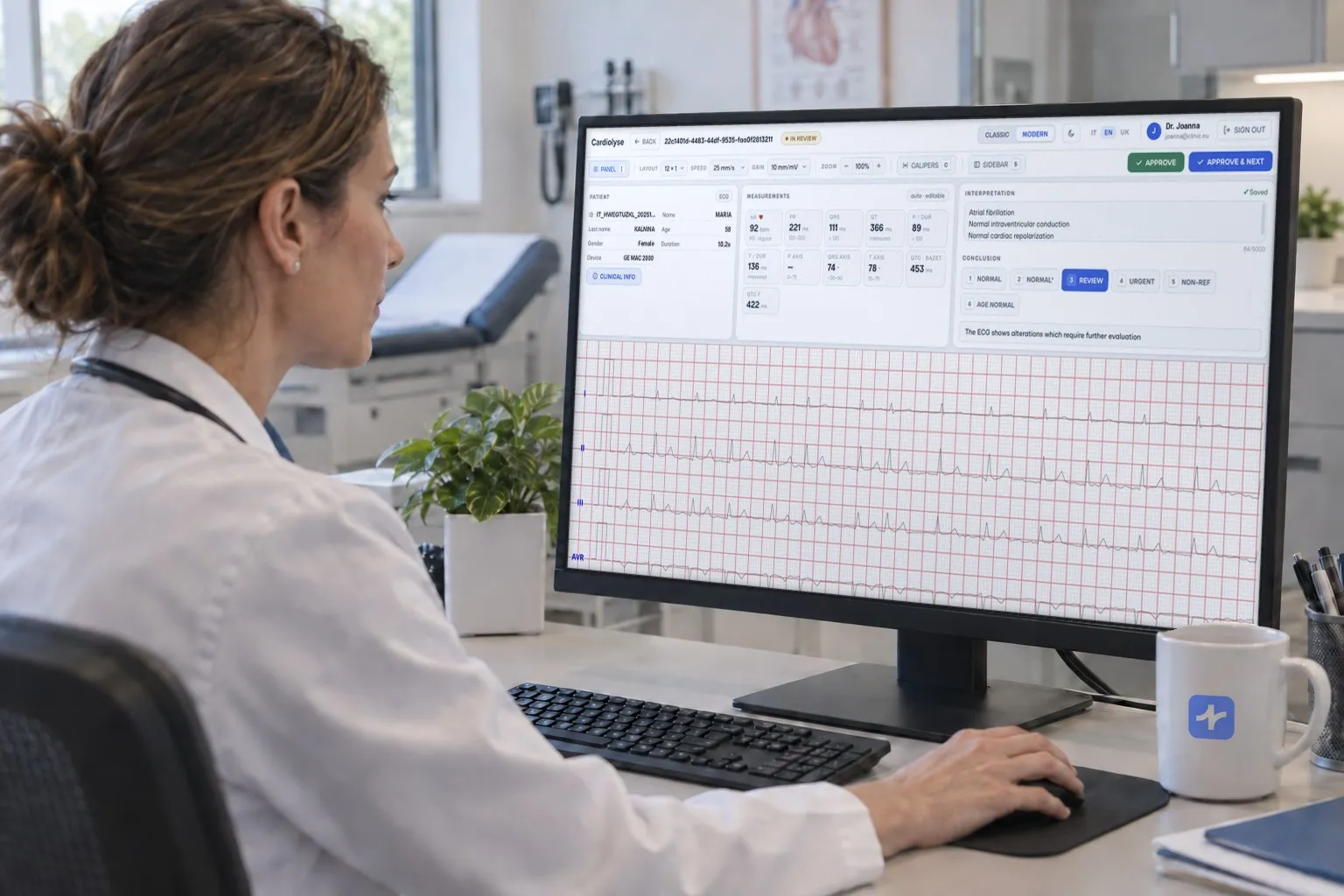 A female doctor reviewing an ECG report on a large computer monitor in a medical office, showing detailed heart rate measurements and cardiac interpretation.