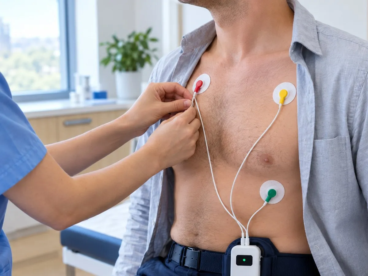 Healthcare professional attaching colored electrodes to a man's bare chest connected to a portable heart monitor device clipped to his belt in a medical office.