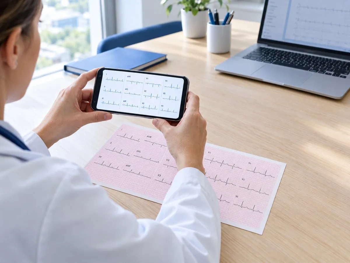 Person in a white coat holding a smartphone displaying ECG waveforms, with a printed ECG chart on the desk and a laptop showing similar data in the background.