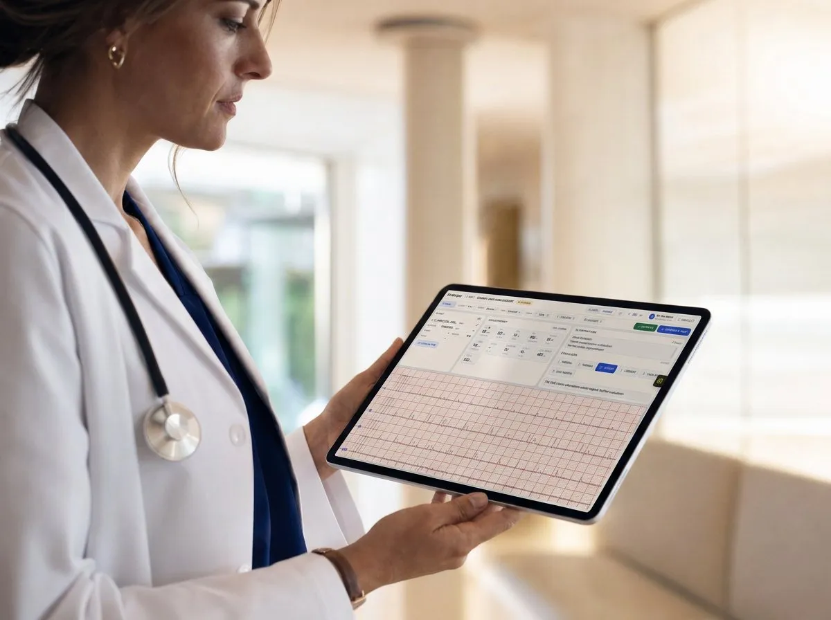 Female doctor with stethoscope around her neck holding a tablet displaying a detailed resting ECG report in a bright, modern medical office.