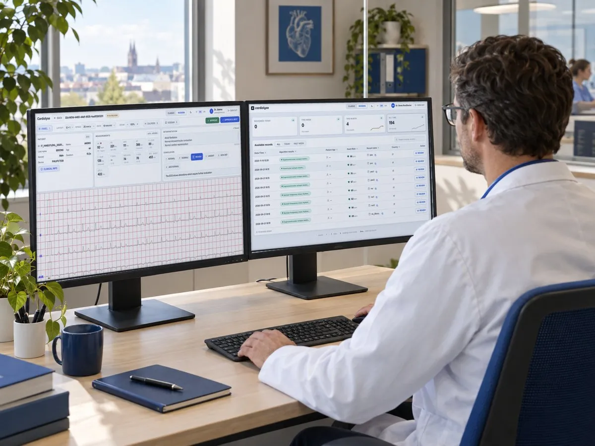 Man in a white lab coat and glasses sitting at a desk with two large computer monitors displaying detailed cardiac ECG data and patient records in a modern office with large windows and plants.