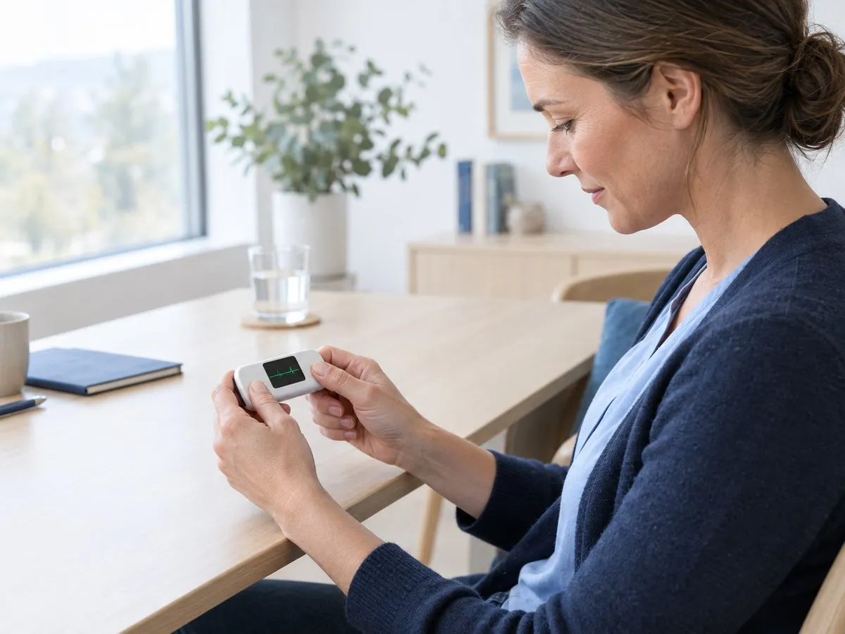 A woman sitting at a wooden table in a bright room, holding a small white device showing an ECG heart rhythm on its screen.