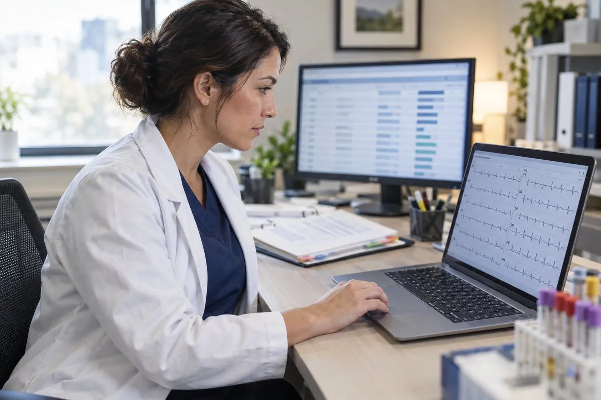 Female doctor in a white coat reviewing electrocardiogram (ECG) results on a laptop with medical data displayed on a monitor in a well-lit office.