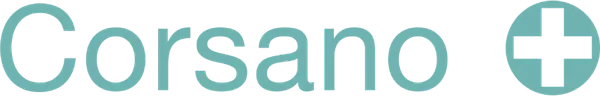 Text reading 'Corsano' in teal font with a teal circle containing a white plus sign to the right.