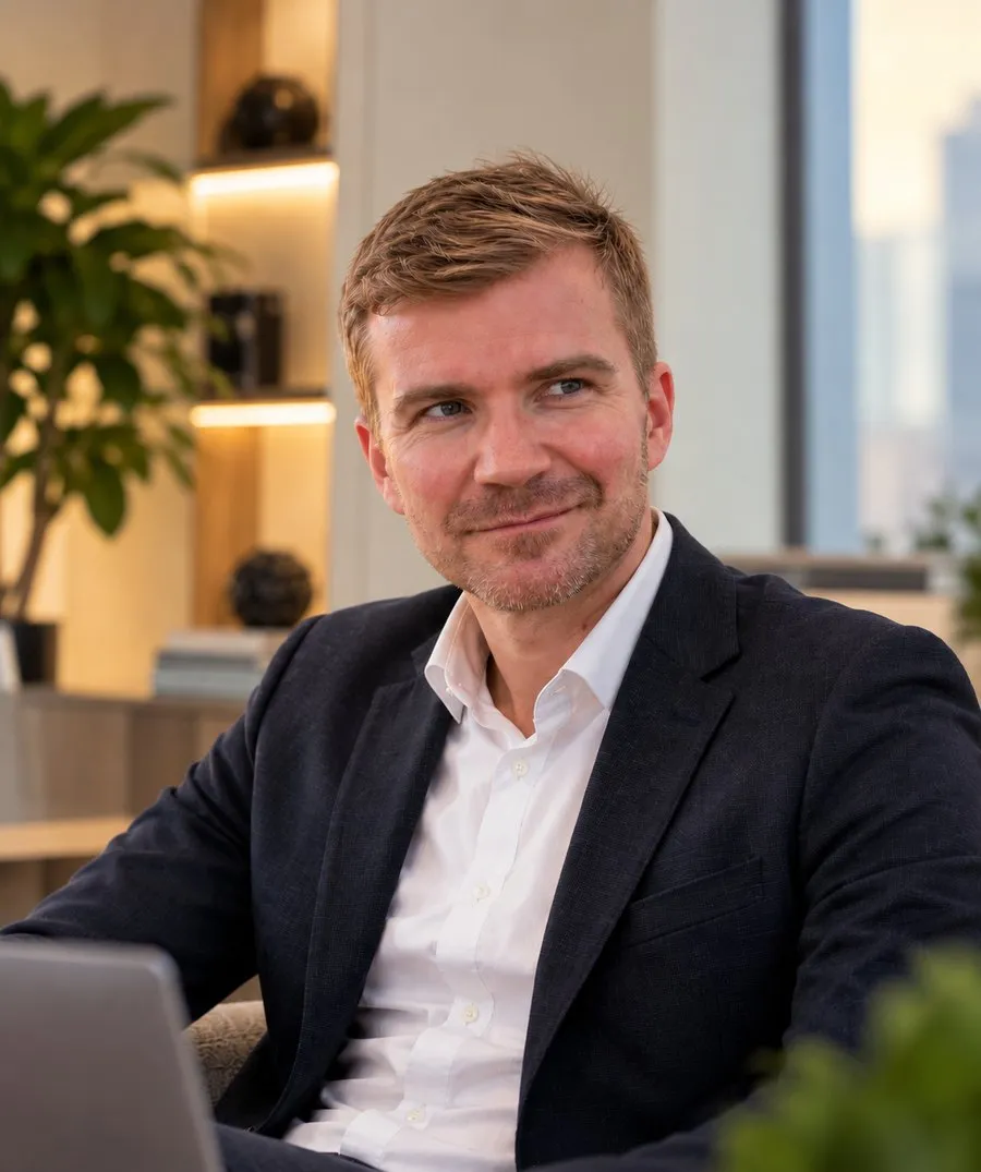 Smiling man with short light brown hair and light stubble wearing a white dress shirt and dark blazer seated in a modern office setting with a laptop in front of him.