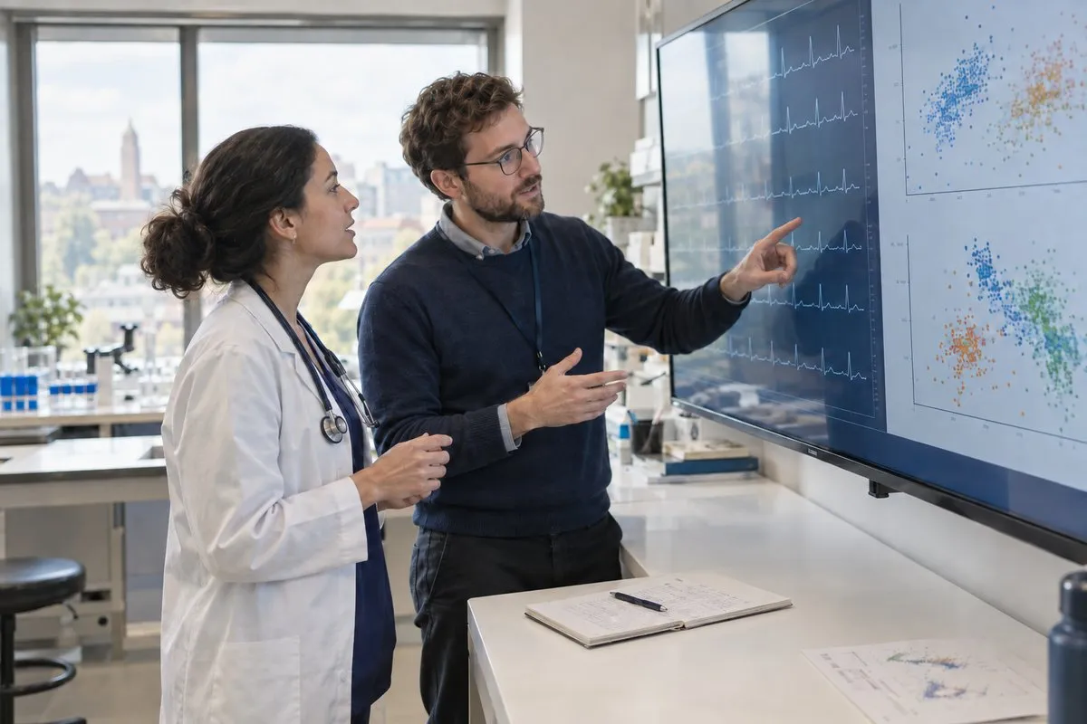 A male researcher points to medical data charts displayed on a large monitor while discussing them with a female doctor in a laboratory setting.