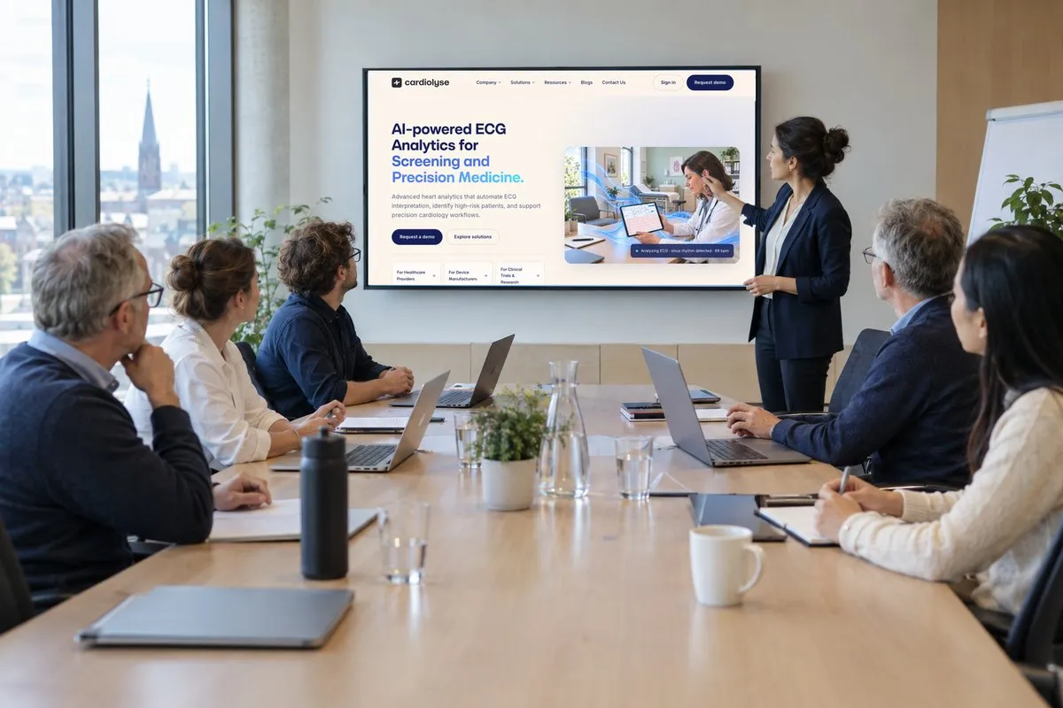 A businesswoman presents AI-powered ECG analytics for screening and precision medicine on a large screen to a group of five colleagues seated around a conference table with laptops and notebooks.