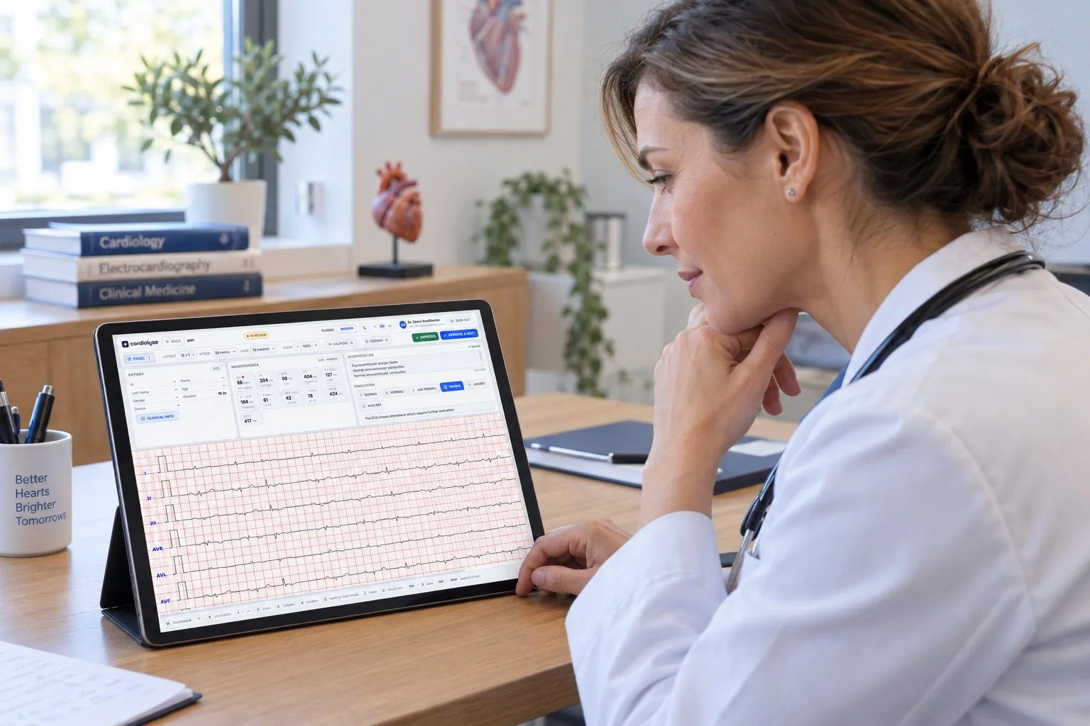 A female doctor in a white coat with a stethoscope examines an electrocardiogram displayed on a tablet on a desk in a medical office with books and a heart model in the background.