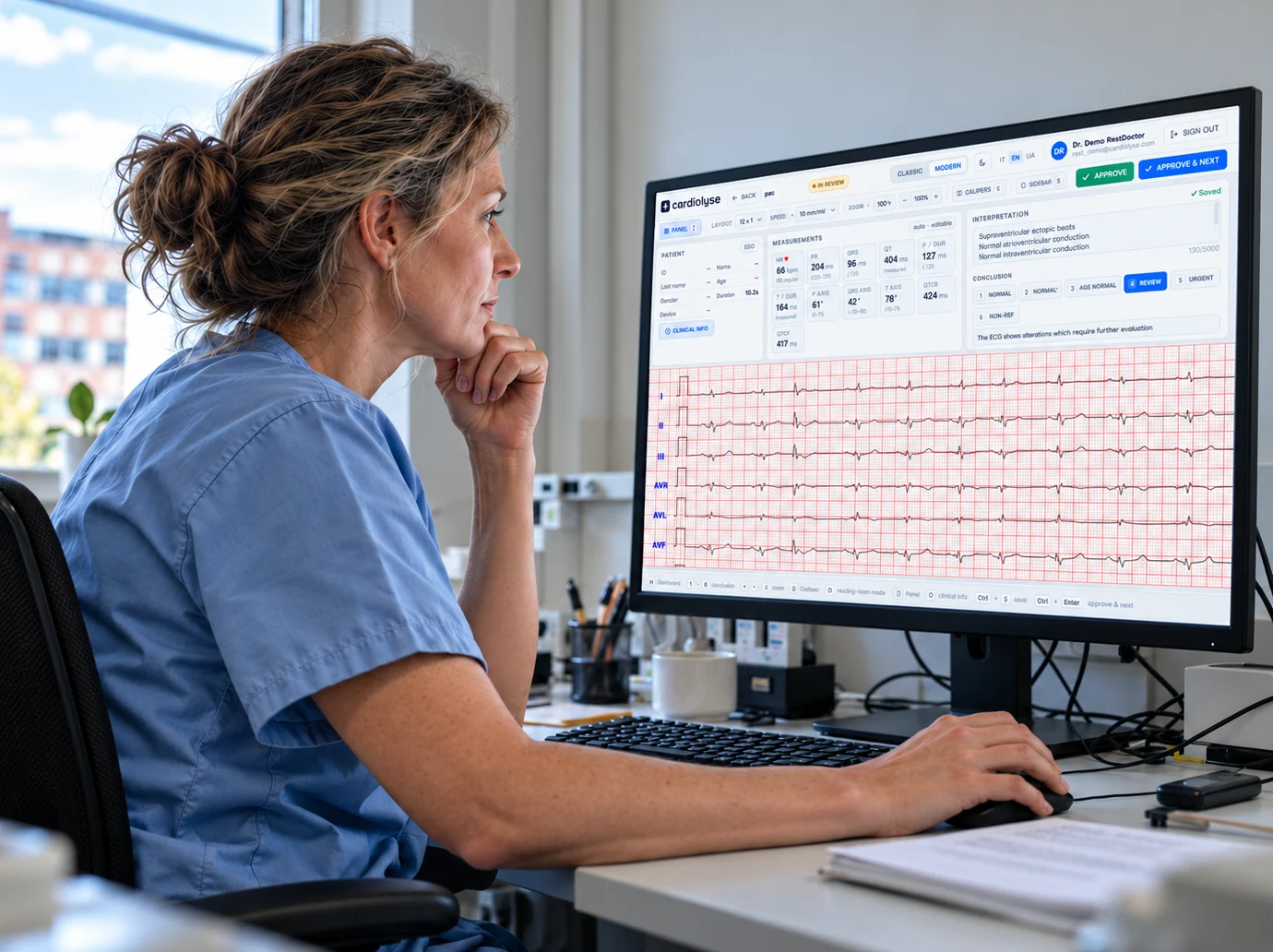 Clinician reviewing a 12-lead ECG with AI-generated measurements and interpretation in Cardiolyse ECG Workspace.