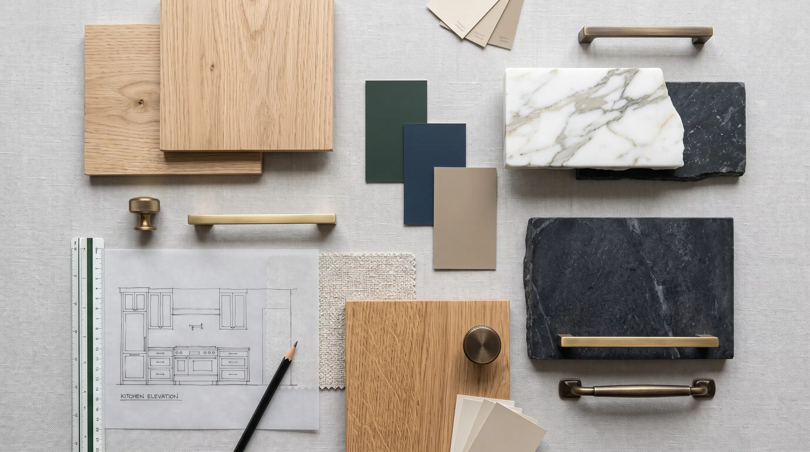 Échantillons de façades, couleurs, plans de travail et poignées pour une cuisine sur mesure